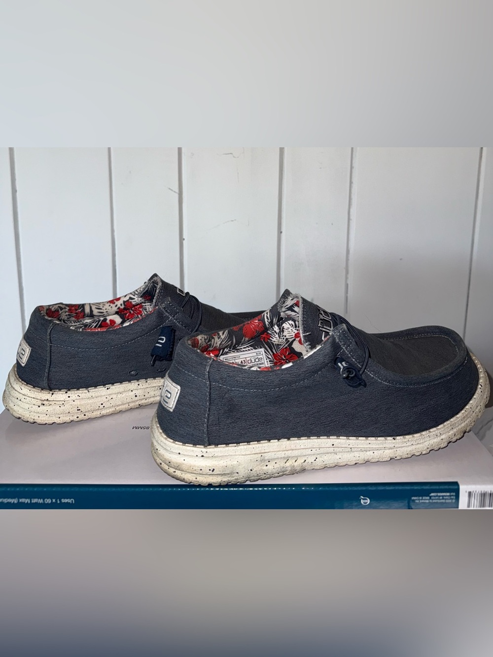 Hey Dude Men's Slip-On Loafers in Dark Gray with Red Floral Lining
